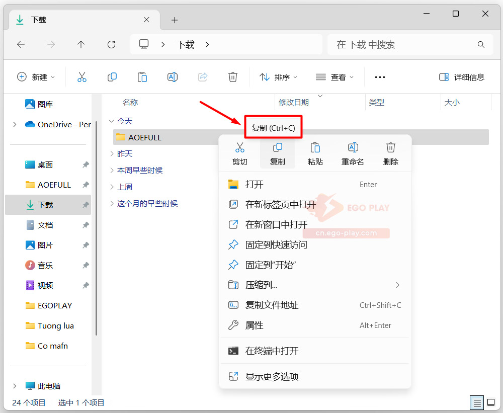 解压完成后，选择已解压的 AOE FULL 文件并点击“复制”