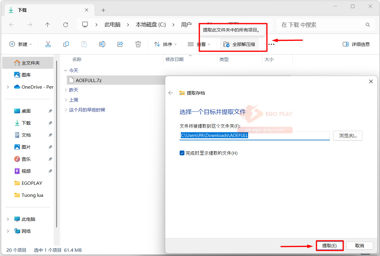 在此选择“解压 AOE FULL 文件”并点击“确定”